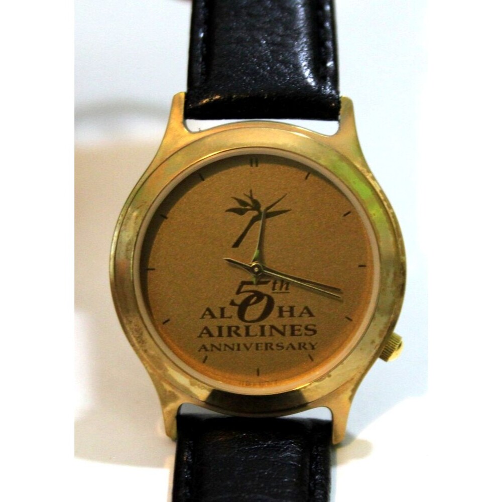 Rare Aloha Airlines Logo 50th Anniversary Vintage Wrist Watch Gold Tone Leather